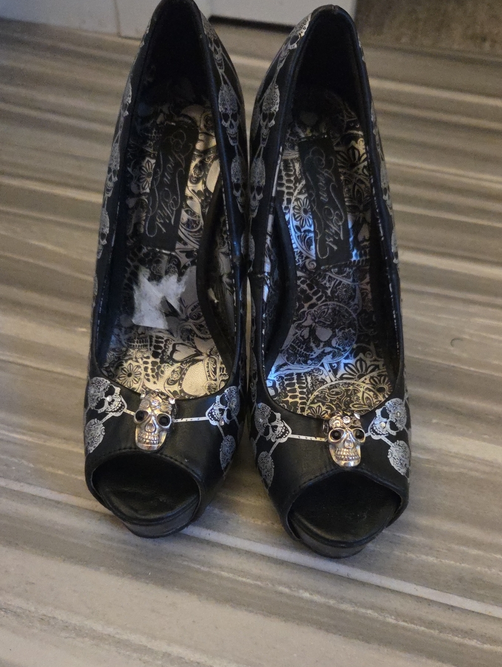 Iron Fist Black Peep-Toe Heels with Silver Skull Accent